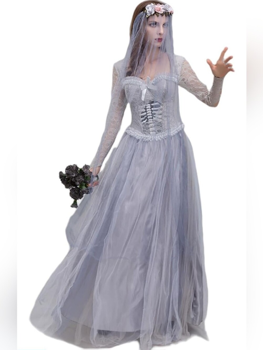 Womens Ghost Bride Costume Vampire Zombie Long Dress Halloween Costume Carnival